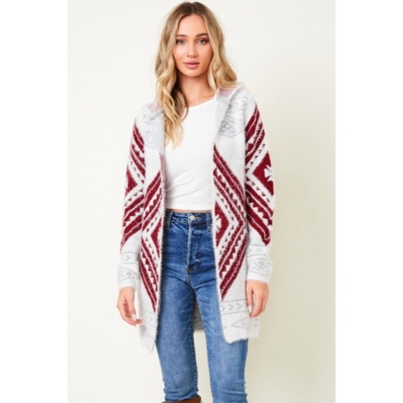 SOLD OUT Wine Fuzzy Soft Knit Long Sleeve Aztec Tribal Native Western Cardigan - Picture 9 of 9